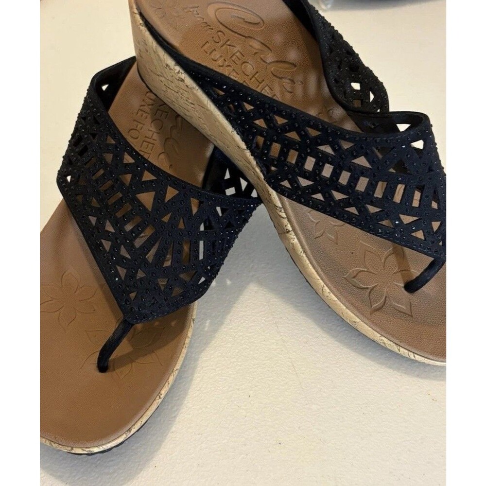 NEW Skechers Cali Beverlee Pier Stroll Sandals Thongs Flip Flops Black Sz 7.5